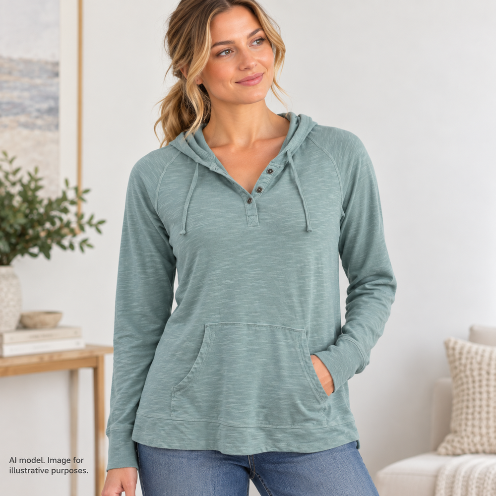 Columbia Hoodie Womens Medium Green Henley Pullover Lightweight Slub Raglan